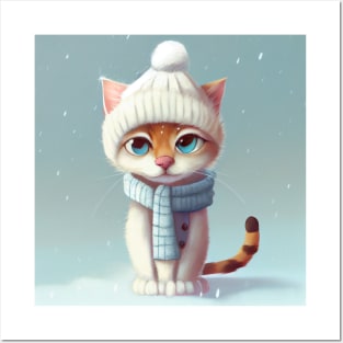 Cute Cat with a Scarf and Hat in Winter Scenery Posters and Art